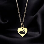 Zarafet Dolu Kalp Motifli 14 Ayar Altın Plakalı Kuğu Kolyesi