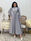 Tesettür Gri Puantiyeli Uzun Kloş Elbise