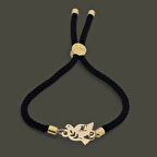 Minimalist Tasarımlı Kuş Motifli 14 Ayar Altın Plakalı Siyah Örgü L Harfi Bilekliği