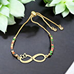 Zarif Sonsuzluk Kelebek Motifli Renkli Taş Desenli ve 14 Ayar Altın Plakalı L Harfli Bileklik