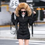 Barbora Kışlık Eldivenli Kapüşonu Kürklü Kadın Şişme Mont bt121siyah