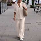 Keten Rahat ve Günlük Alt Üst Ekru İkili Takım