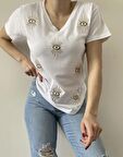 V Yaka %100 Pamuk Tişört Göz Pul Payet İşlemeli T-Shirt