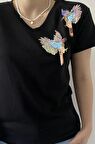 V Yaka %100 Pamuk Tişört Kuş Pul Payet İşlemeli T-Shirt