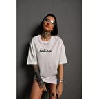 Lucky Life Bisiklet Yakalı Sırt Baskılı Oversize T-Shirt - Beyaz