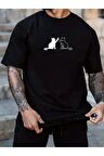 Unisex Black-White Cats Baskılı Tshirt