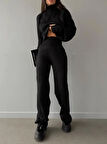 LAJESTE Crop El Geçmeli Balıkçı Yaka Kazak ve Yüksek Bel Triko Pantolon Alt Üst Siyah Triko Takım