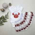 Lenaca 1-2-3 Yaş Payetli Mickey Nakışlı  Kısa Kollu Brode Etekli 2li Kız Bebek Takımı