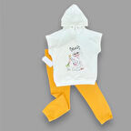 Lenaca 3-4-5 Yaş Kapşonlu Sevimli Kız Baskılı Kısa Kolu 2li Kız Erkek Çocuk Takımı