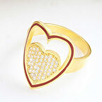 Gümüş Gold Beyaz Taşlı Kalpli Kadın Yüzük