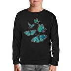 Turquoise Butterflies Siyah Çocuk Sweatshirt