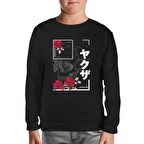 Japanese Quote and Flowers over a Skull Siyah Çocuk Sweatshirt