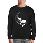 Black Cat Reading on the Moon Siyah Çocuk Sweatshirt