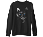 Cat in Blue  Siyah Erkek Kalın Sweatshirt