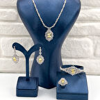 Pırlanta Montür Sitrin Taşlı 4'lü Gümüş Set Takım