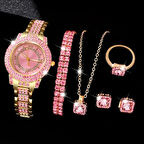 VİP Saat ile Kolye+Küpe+Yüzük+Bileklik 6 parça Takı Seti