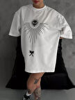 Livizmir Moda Unisex Bisiklet Yaka Baskılı Oversize T-Shirt - Beyaz