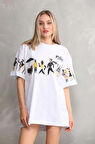 Livizmir Moda Unisex Bisiklet Yaka Baskılı Oversize T-Shirt - Beyaz