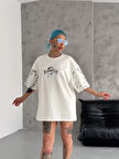 Livizmir Moda Unisex Bisiklet Yaka Baskılı Oversize T-Shirt - Beyaz