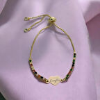 Muhteşem Kalp Figürlü ve Renkli Taş Desenli 14 Ayar Altın Plakalı Leyla Bilekliği