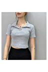 Kadın  Polo Yaka Fitilli Yumuşak Dokulu Crop Bluz
