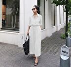 Barbora Keten Günlük Rahat Beli Bağcık Detaylı Uzun Kol Elbise LN07ekru1