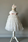 Özel Tasarım Kız Çocuk Abiye Elbise, Kat Kat Etekli, Fiyonk Detaylı, Dantel Detaylı, Saç Aksesuarlı_M2460