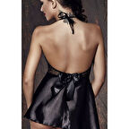 Kadın Siyah Saten Dantelli Dekolteli Gecelik