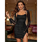 Siyah Yırtmaç Detay Simli Fantezi Mini Club Elbisesi