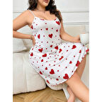 MARSiLYAN- Büyük Beden Kalp Desen Pamuklu İnce Askılı Uzun Gecelik