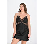 MARSiLYAN- Büyük Beden 2li Siyah Sabahlık Takımı Bigsize