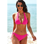 Kadın Fuşya Belden, Boyundan Bağlamalı Ve Ayarlanabilir Külotlu Üçgen Bikini Mayo Takımı