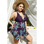 Büyük Beden Mor Üstüne Çiçek Desenli Boyundan Bağlamalı Elbise