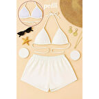 MARSiLYAN- Kadın Beyaz Şortlu Belden ve Boyundan Bağlamalı Bikini Takımı