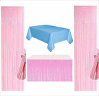 MAVİ MASA ÖRTÜSÜ, PEMBE MASA ETEĞİ, 2 ADET PEMBE ARKA FON