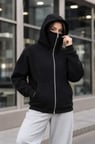 Maskeli Ninja Model Çift Kapüşonlu 3 İplik Şardonlu Fermuarlı Oversize Sweatshirt - Siyah