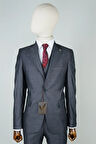 Slim Fit Gri Takım Elbise Kendinden Desenli