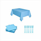 Mavi Masa Örtüsü, 10 adet Peçete, 10 adet Çatal