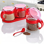 Kırmızı 3lü Standlı Kapaklı Kaşıklı Cam Hava Sızdırmaz Baharatlık Takımı KC-386