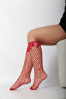 Kırmızı Fileli Diz Altı Fiyonklu Kız Çocuk Çorap