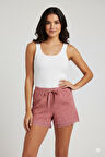 Düz Renk Mini Çiçek Desenli Penye Kadın Ev Şortu Bacak Dantel Detaylı Ev Giyim Pembe