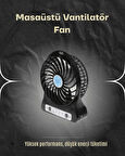 Şarjlı USB Fan – Masaüstü Mini Vantilatör, Taşınabilir, Işıklı, 3 Kademeli, Sessiz