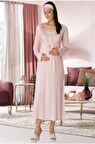 Mecit 5343 Kadın Hamile Lohusa Pudra Dantelli Uzun Kollu Gecelik