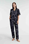 MDB MdbShop Yarım Kollu V Yaka Kadın Viskon Çiçek Desenli Yazlık Dokuma Dantel Detaylı Pijama Takımı