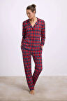 MDB %100 Pamuklu Uzun Kol Düğmeli Gömlek ve Ekose Pantolon Pijama Takımı