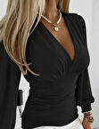 MDB Kadın Uzun Kollu Derin V Yakalı önden Büzgülü Sandy Bluz
