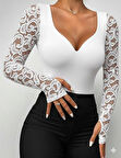 MDB Kadın Uzun Kollu Dantelli Dekolte Detaylı Dalgıç Bluz