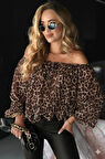 MDB Kadın Madonna Yaka Bağcıklı Leopar Desen Detaylı şifon Bluz