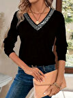 MDB Kadın Uzun Kollu V Payet Yakalı Viskon Bluz