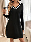 Kadın Uzun Kollu V şerit Yakalı Kısa Viskon Iki Iplik Elbise